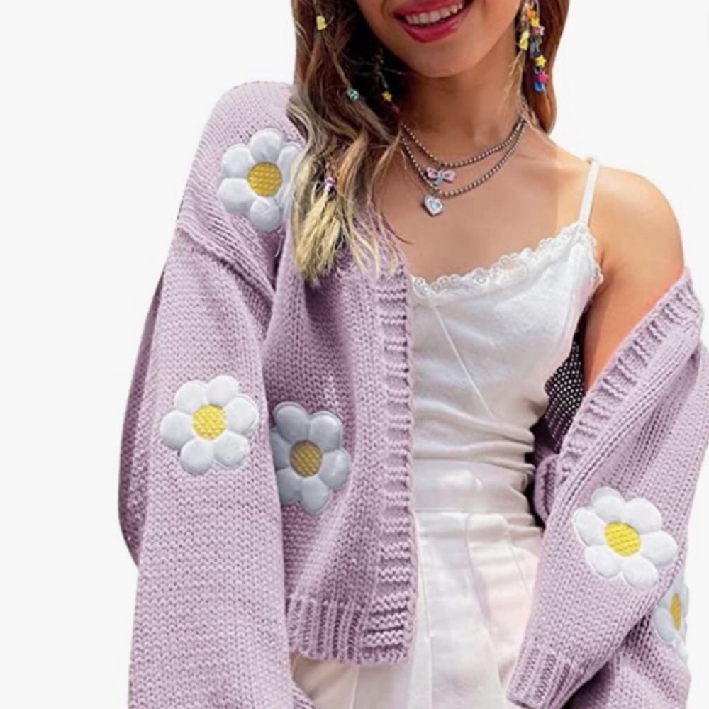 Womens Y2K Cardigan Sweaters Long Sleeve Open Front Cropped Flower Knit Cardigan